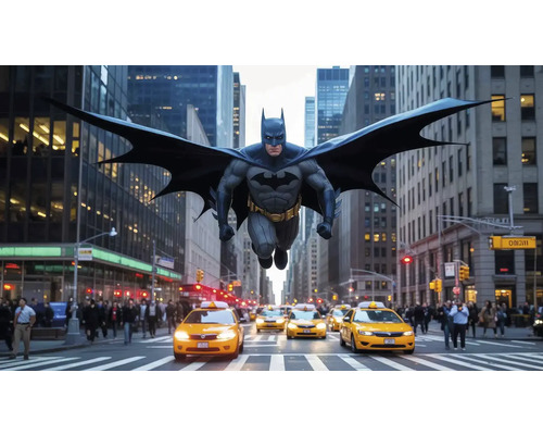 Batman létá nad newyorskou ulicí se žlutými taxíky a lidmi.