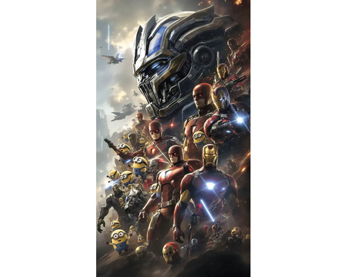 Ilustrace superhrdinů a Mimoňů