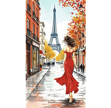 Ilustrace ženy v Paříži s Eiffelovou věží v pozadí.