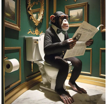 Šimpanz v brýlích a obleku sedí na toaletě a čte si noviny v koupelně s rámy obrazů na zelené zdi.