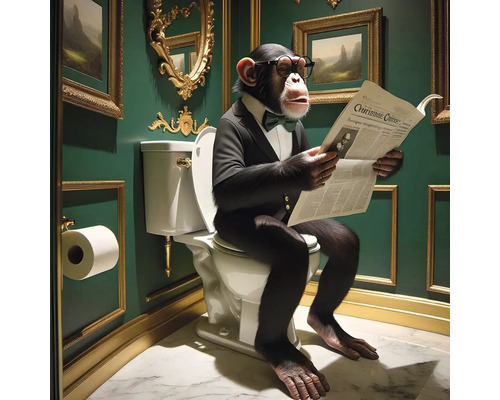 Obraz Decopanel ART-O 60 x 80 cm Šimpanz v brýlích a obleku sedí na toaletě a čte si noviny v koupelně s rámy obrazů na zelené zdi.