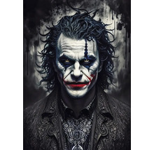 Portrét osoby s klaunským make-upem, která má na sobě zdobenou bundu