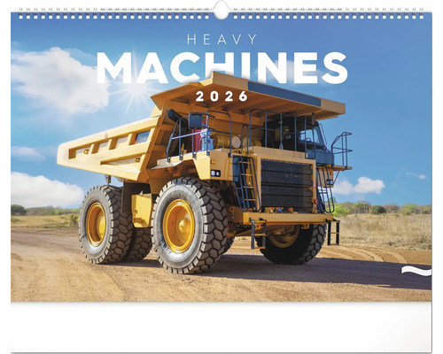 List kalendáře se žlutým sklápěčem a nápisem Těžké stroje 2026