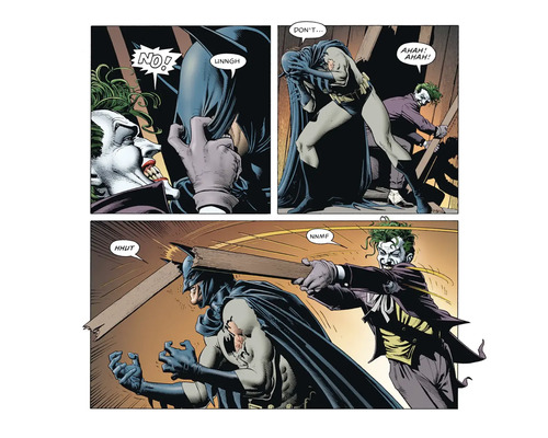 Komiksová scéna s Batmanem a Jokerem v konfliktu.