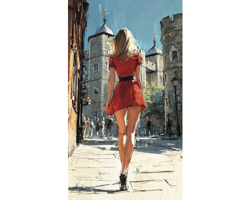 Obraz Decopanel Město 50 x 90 cm Ilustrace ženy v šatech kráčející po ulici v Londýně.