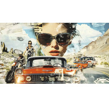 Koláž s veterány, pouštní krajinou a ženou se slunečními brýlemi