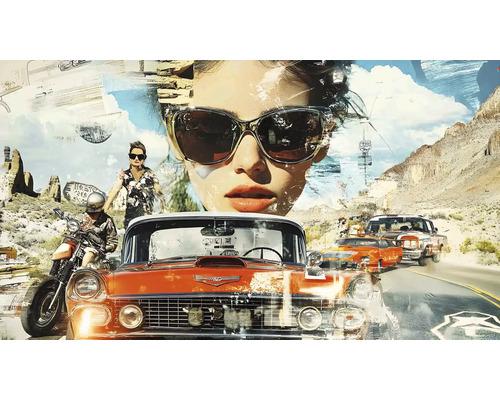 Obraz Decopanel USA 50 x 90 cm Koláž s veterány, pouštní krajinou a ženou se slunečními brýlemi