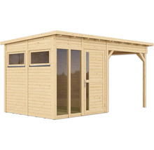 Dřevěný zahradní domek s okny, dveřmi a zastřešenou terasou