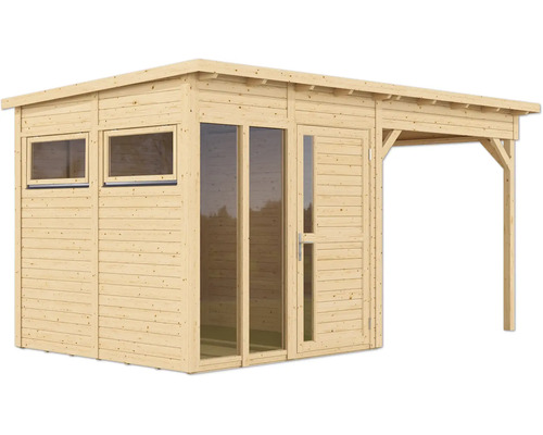 Dřevěný zahradní domek s okny, dveřmi a zastřešenou terasou