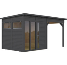 Dřevěný zahradní domek s okny, dveřmi a přístavbou