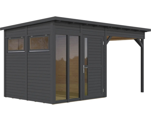 Dřevěný zahradní domek s okny, dveřmi a přístavbou