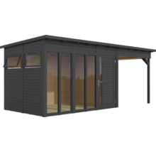 Moderní zahradní domek s oknem, dveřmi a přístřeškem