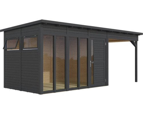 Moderní zahradní domek s oknem, dveřmi a přístřeškem