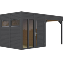 Moderní zahradní domek s okny, dveřmi a zastřešením