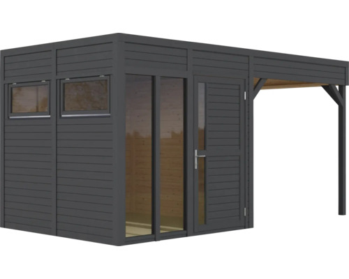 Moderní zahradní domek s okny, dveřmi a zastřešením