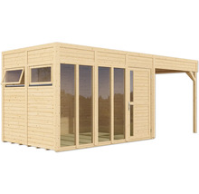 Dřevěný zahradní domek s okny, dveřmi a malým přístřeškem