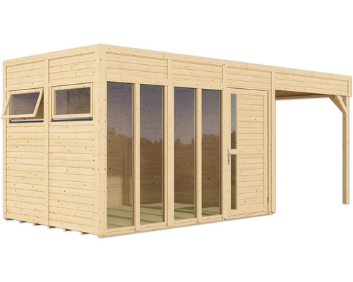 Dřevěný zahradní domek s okny, dveřmi a malým přístřeškem