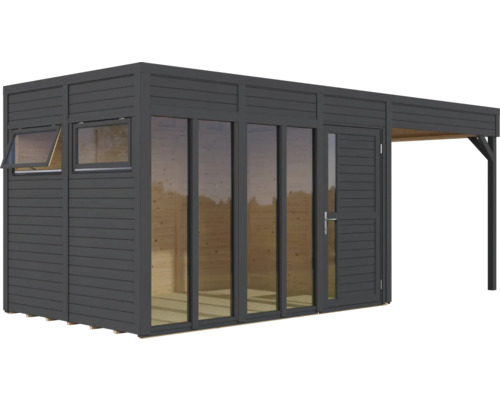 Moderní zahradní domek s přístavbou, okny a dveřmi