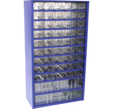 Modrá skříňka na nářadí s průhlednými zásuvkami