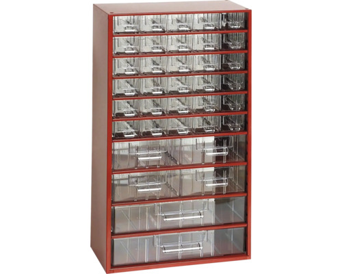 Skříň s průhlednými zásuvkami pro uložení drobných dílů