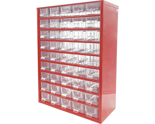 Zásobník na drobné díly s průhlednými zásuvkami v červeném pouzdře