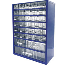 Modrá skříň s průhlednými zásuvkami pro skladování