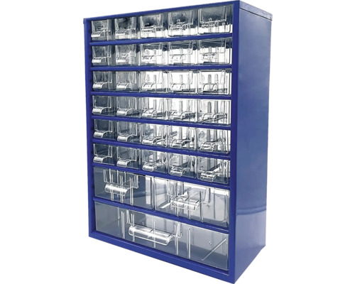 Modrá skříň s průhlednými zásuvkami pro skladování