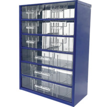 Modrá zásuvková skříňka s průhlednými zásuvkami pro skladování