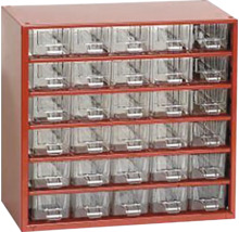 Skříň s průhlednými zásuvkami pro uložení drobných dílů