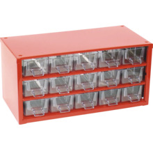 Červený zásobník na drobné díly s průhlednými zásuvkami