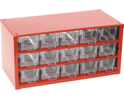 Červený zásobník na drobné díly s průhlednými zásuvkami