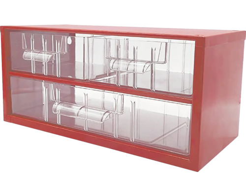 Červená skříňka na drobné díly s průhlednými zásuvkami.