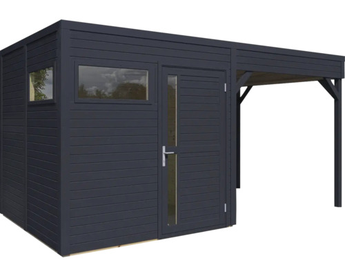 Dřevěný zahradní domek s oknem a přístavbou