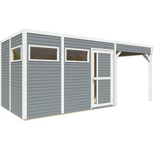 Dřevěný zahradní domek s okny a markýzou