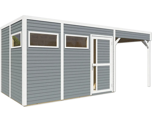 Dřevěný zahradní domek s okny a markýzou