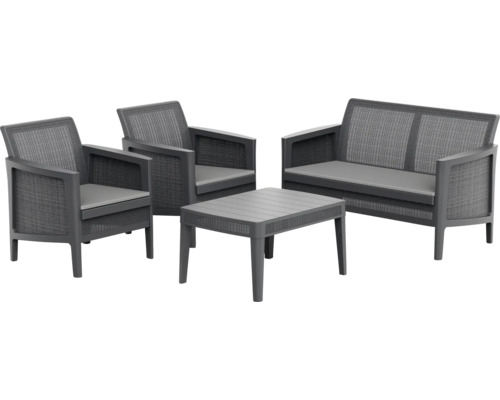 Šedá sestava zahradního nábytku se dvěma křesly, pohovkou a stolem