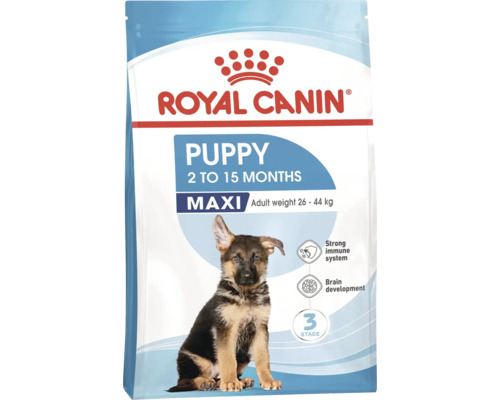 Krmivo pro štěňata Royal Canin Puppy Maxi pro štěňata od 2 do 15 měsíců s hmotností 26 až 44 kilogramů.