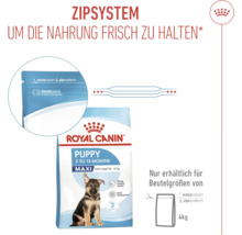 Krmivo pro štěňata Royal Canin Puppy Maxi se zipovým systémem pro uchování čerstvosti krmiva. K dostání pouze pro velikosti sáčků 4 kilogramy.