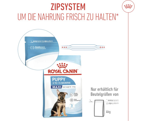 Krmivo pro štěňata Royal Canin Puppy Maxi se zipovým systémem pro uchování čerstvosti krmiva. K dostání pouze pro velikosti sáčků 4 kilogramy.
