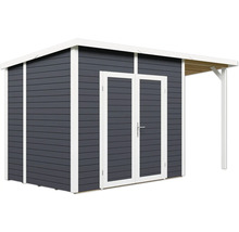 Zahradní domek s dvoukřídlými dveřmi a stříškou