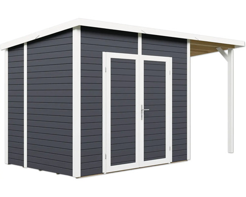 Zahradní domek s dvoukřídlými dveřmi a stříškou