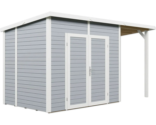 Zahradní domek s dvoukřídlými dveřmi a markýzou