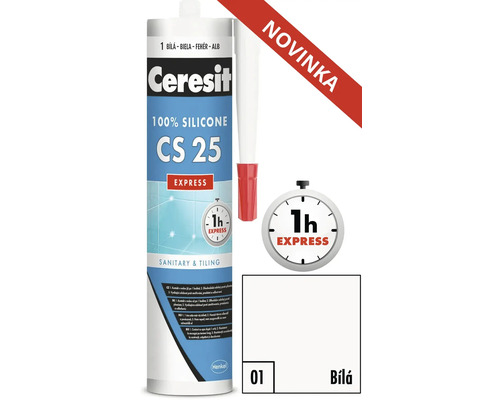 Sanitární silikon Ceresit CS 25 Express bílá 280 ml Sanitární a obkladový silikon Ceresit CS 25, vytvrzuje se během jedné hodiny
