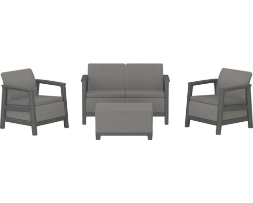 Dvě křesla, dvoumístná pohovka a taburet tvoří sedací soupravu