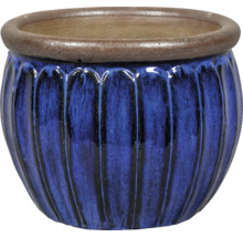 Modrý květináč s vroubkovaným vzorem a širokým okrajem