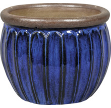 Modrý keramický květináč s žebrovaným povrchem
