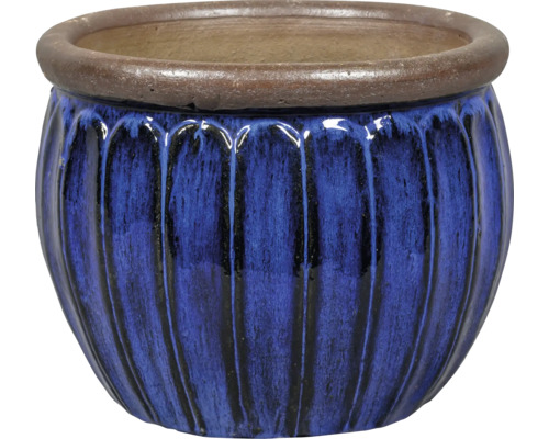 Modrý keramický květináč s žebrovaným povrchem
