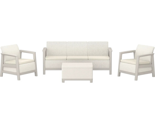 Zahradní sedací souprava Scandi Linea krémová Sada zahradního nábytku se sedačkou, dvěma křesly a taburetem