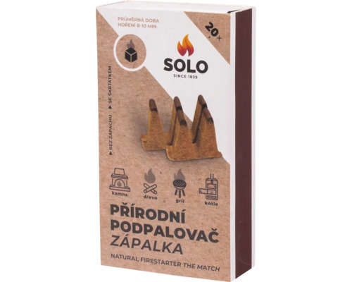 Podpalovač ekologický SOLO zápalka 20 ks Balení podpalovačů Solo s podpalovači z dřevité vlny pro krby, kamna, grily a kotle