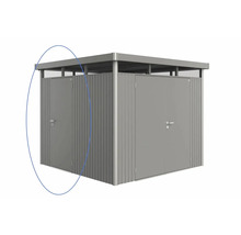 Kovový zahradní domek s dvoukřídlými dveřmi a plochou střechou